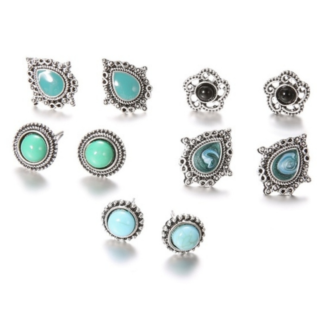 5 Pair Antiqued Turquoise & Black Silver Earrings